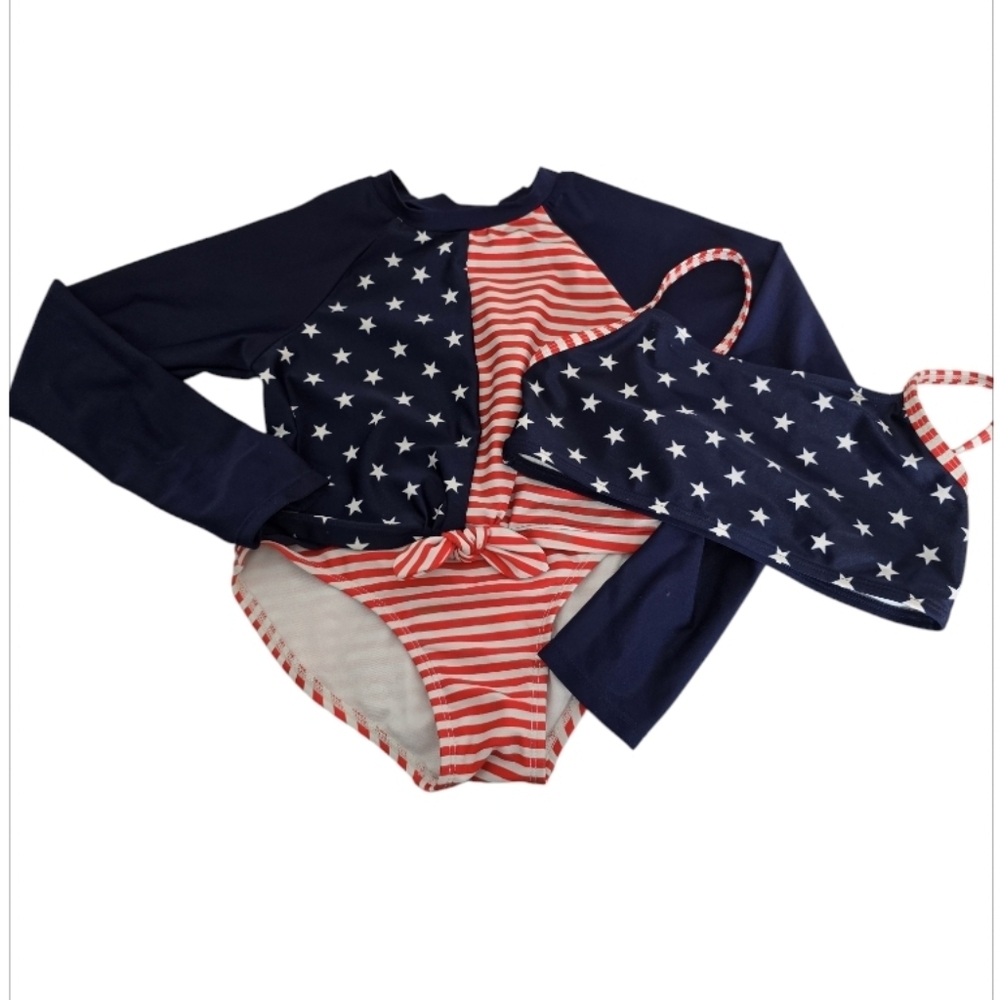 Art Class  Patriotic Swim 3 piece Set  Navy and Red girl Size 7/8 stars flag *